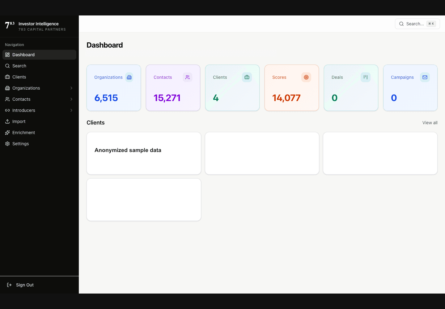 Investor Intelligence dashboard screen