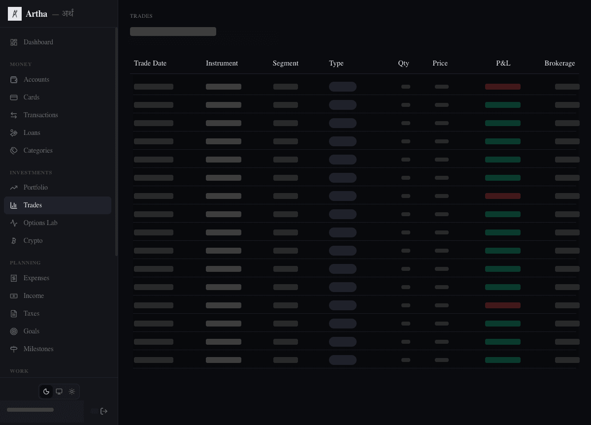 Artha trades and P&L screen