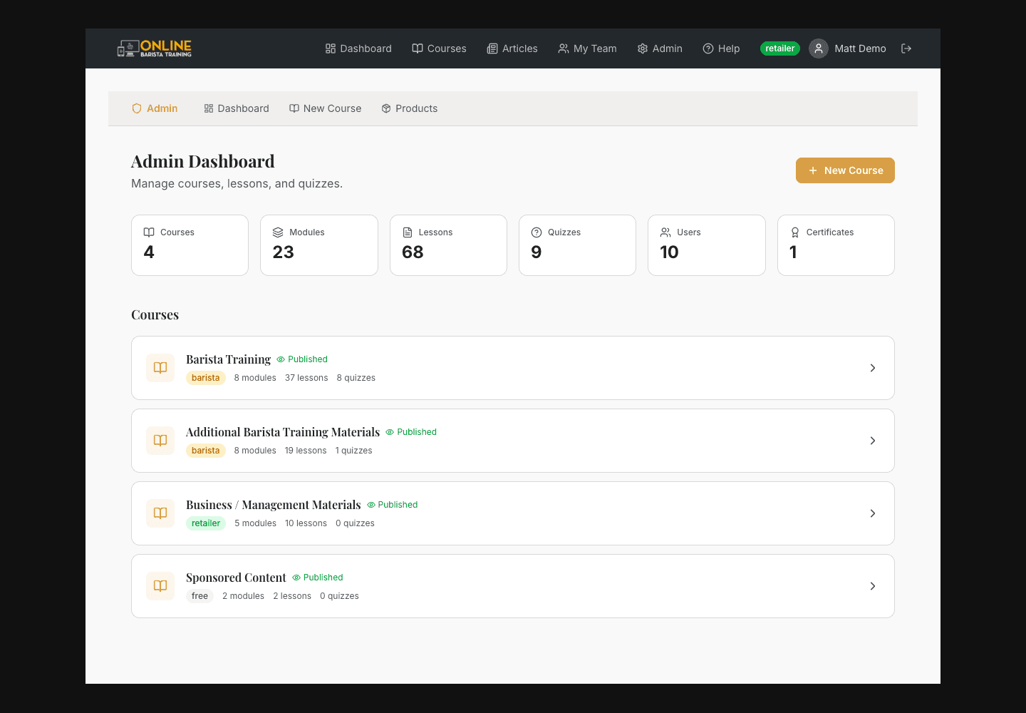 Online Barista Training admin dashboard