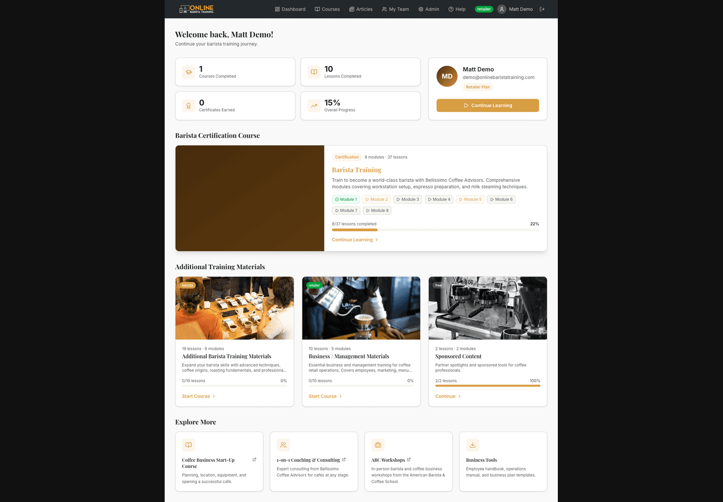 Online Barista Training learner dashboard