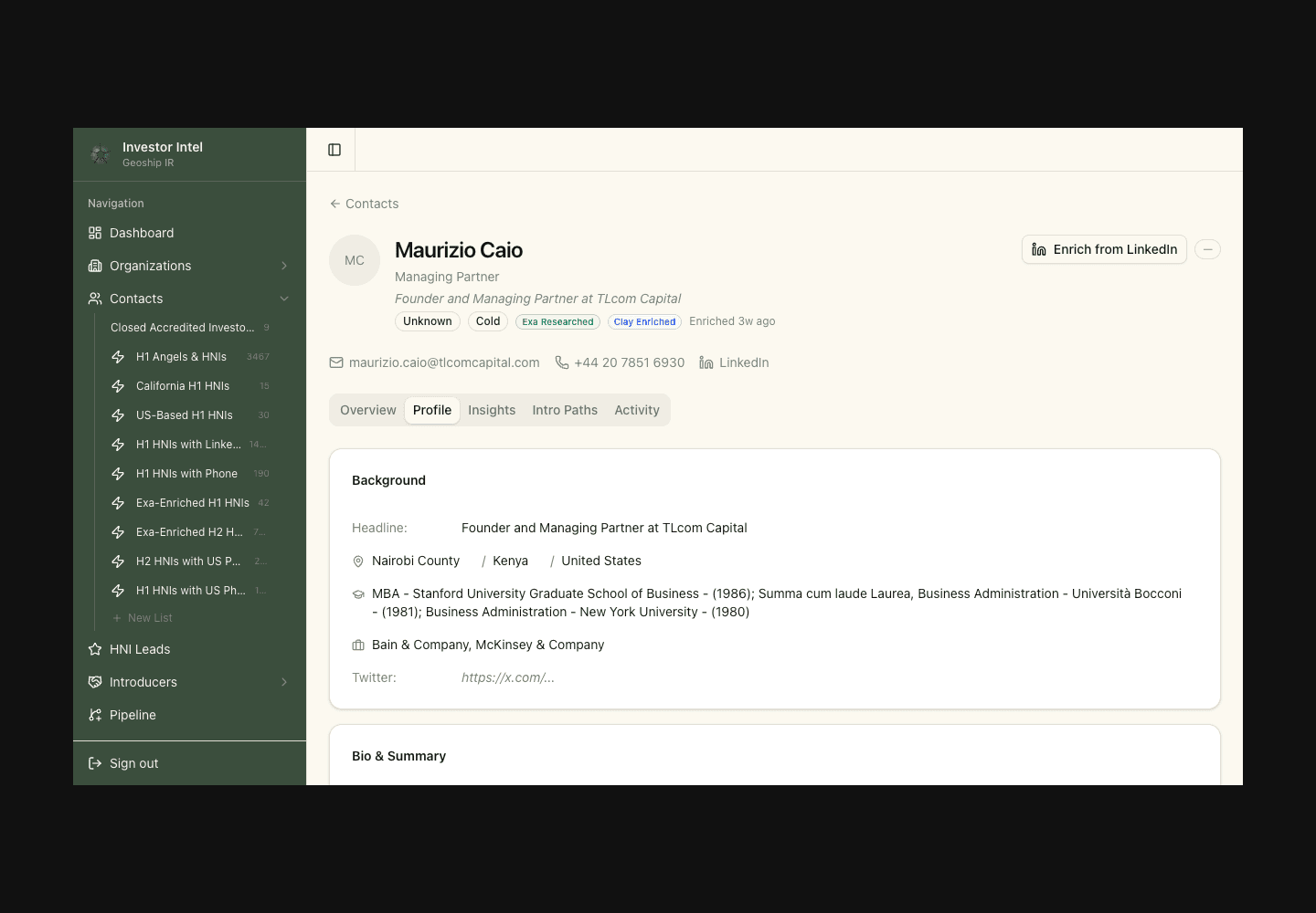 Radar investor profile screen