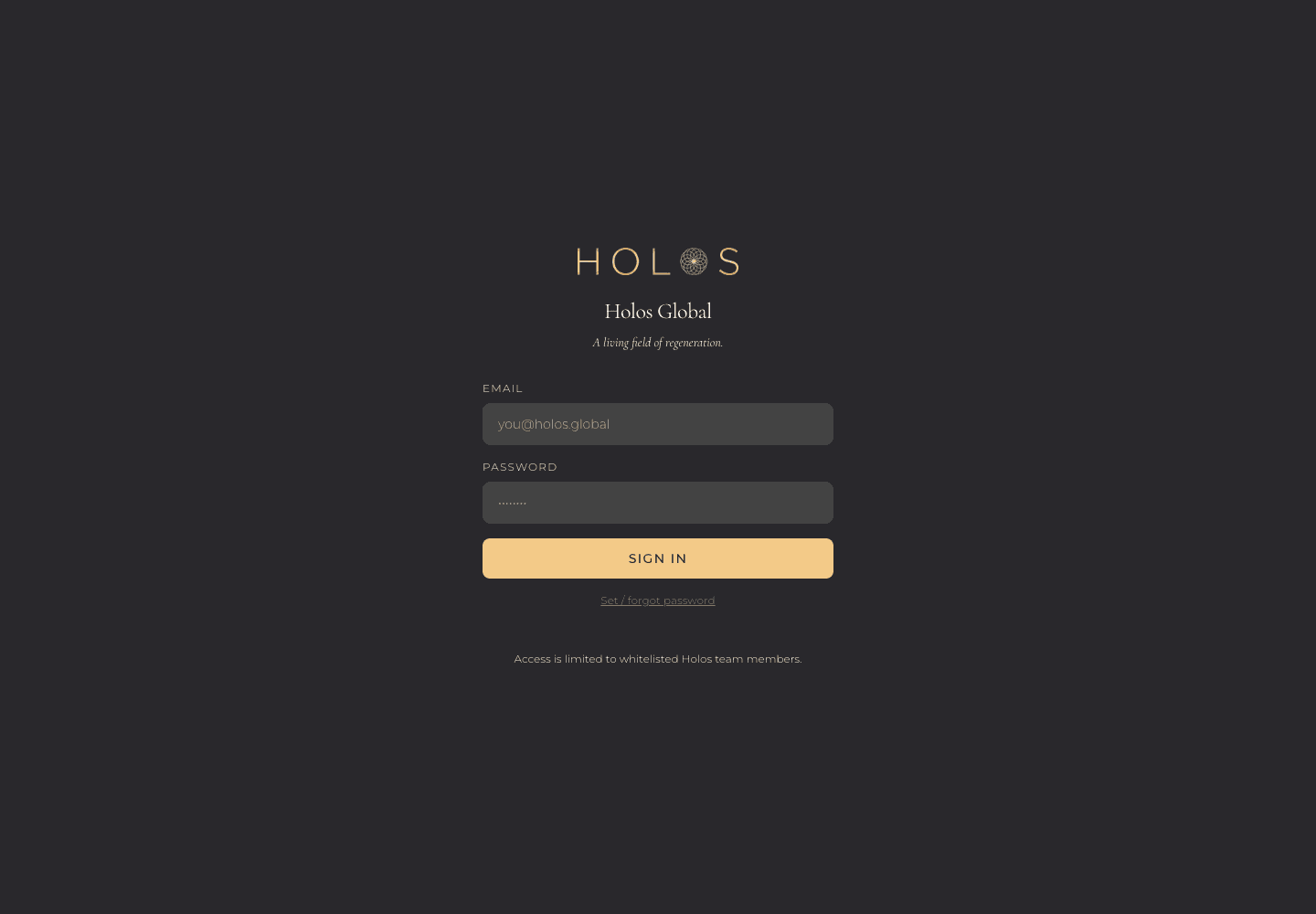Holos content admin login screen