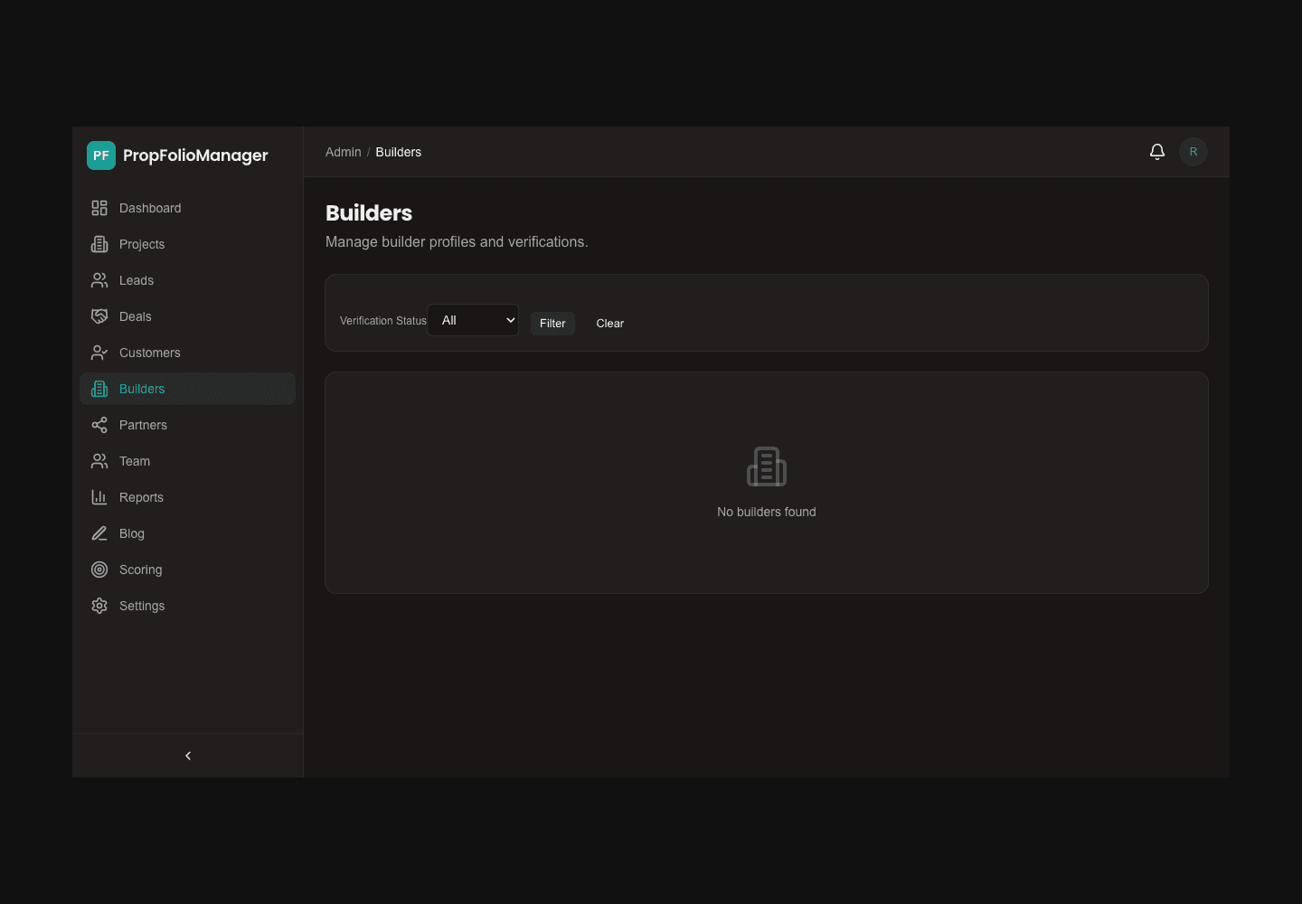 Propfolio Manager builders screen