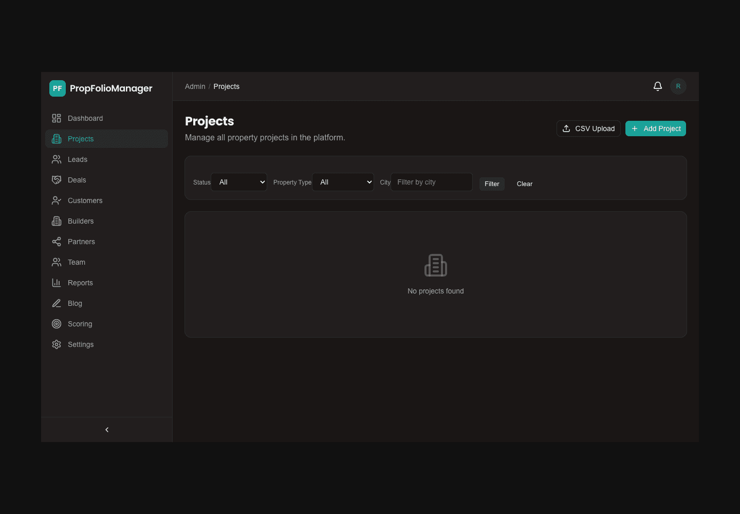 Propfolio Manager projects screen