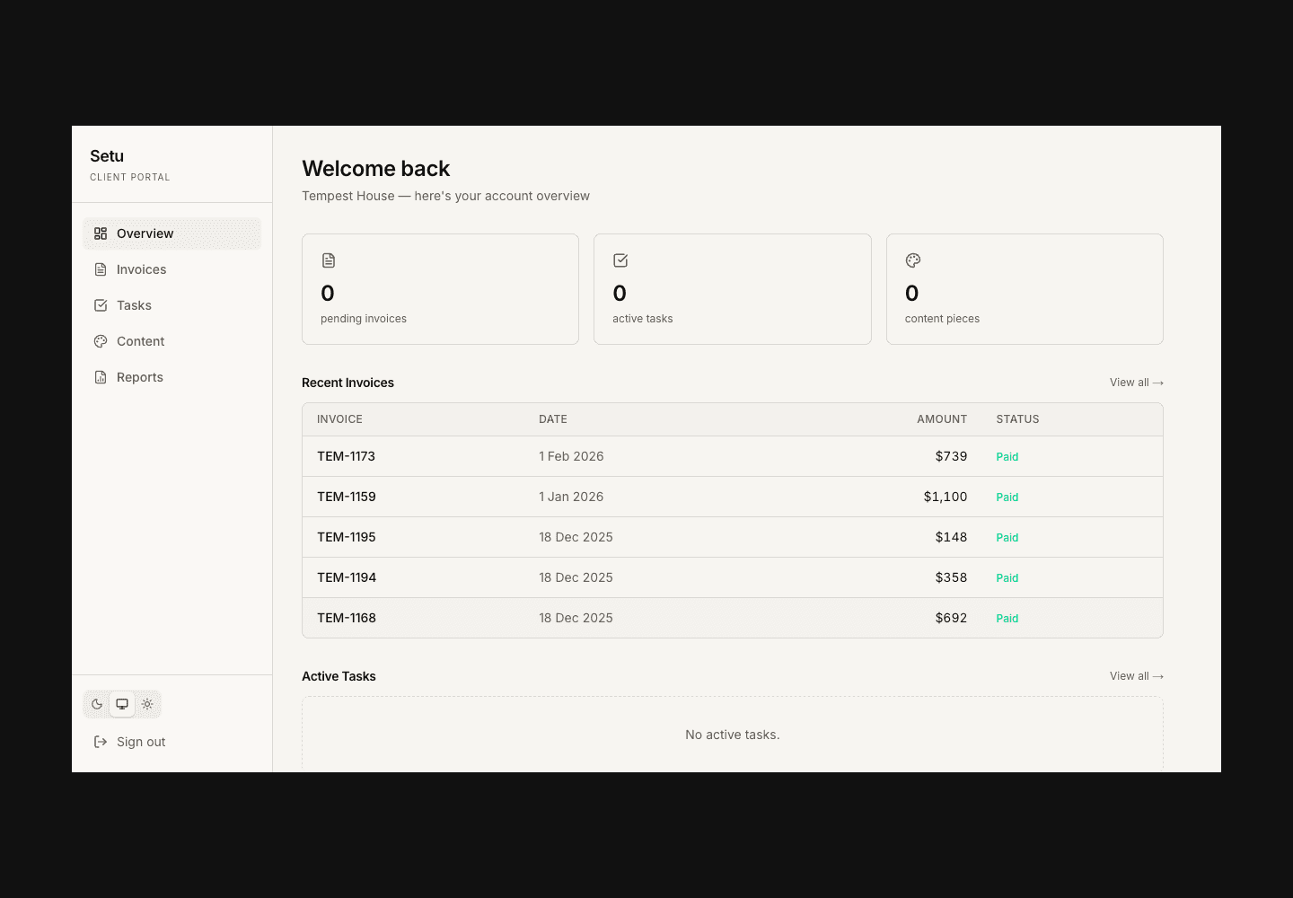 Setu client portal dashboard