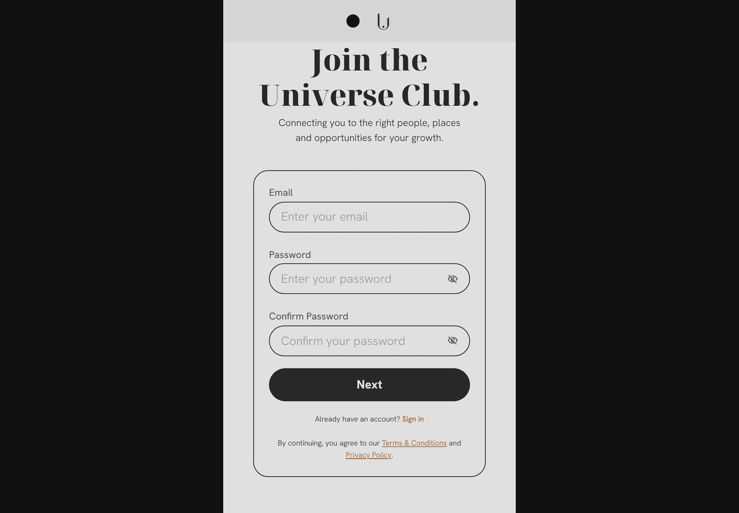 Universe Club mobile signup screen